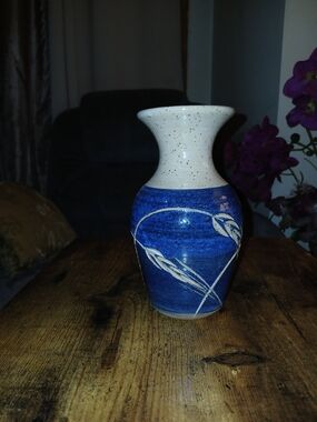 Ceramic Vase in Deep Blue and Speckled Cream